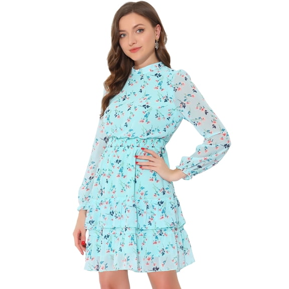 Vestido de gasa Allegra K manga larga con dobladillo con volantes y cuello alzado floral Azul claro XS