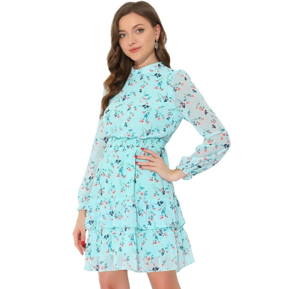 Vestido de gasa Allegra K manga larga con dobladillo con volantes y cuello alzado floral Azul claro XS
