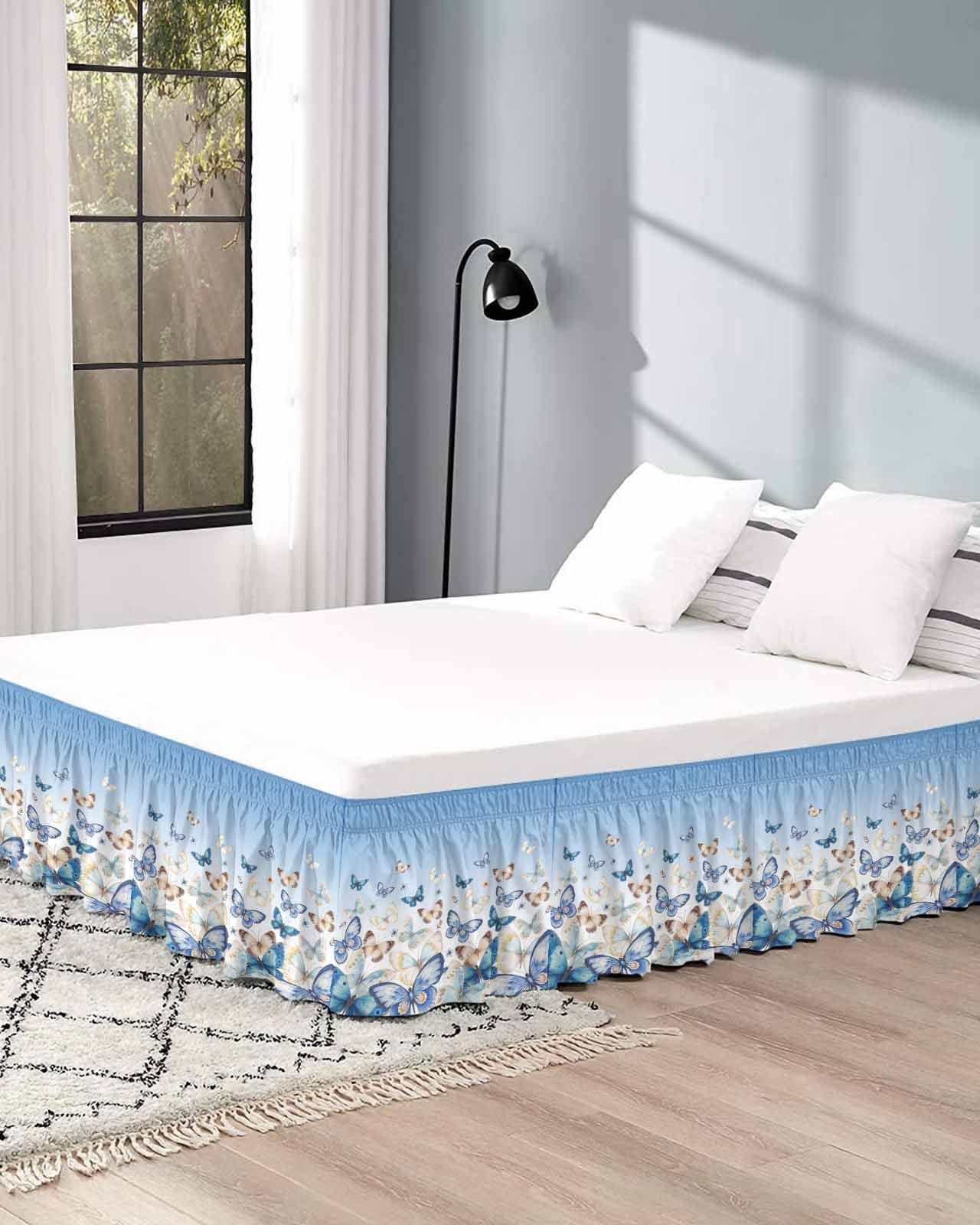 Blue Ombre Butterfly Wrap Around Bed Skirts for Queen Bed 18" Drop,Bed Skirt with Adjustable Elastic Belt Dust Ruffle Bed Valance for Bedroom Hotel Pastoral Farmhouse Butterflies Bed Frame Cover