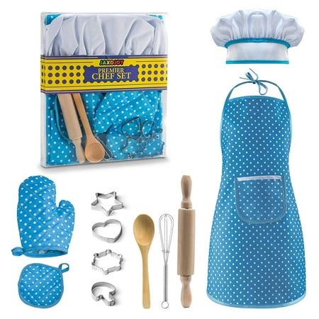 JaxoJoy Complete Kids Cooking and Baking set - 11 Pcs Includes Apron for Little Girls, Chef Hat, Mitt & Utensil for Toddler Dress Up Chef Costume Career Role Play for 3 Year Old Girls and Up -