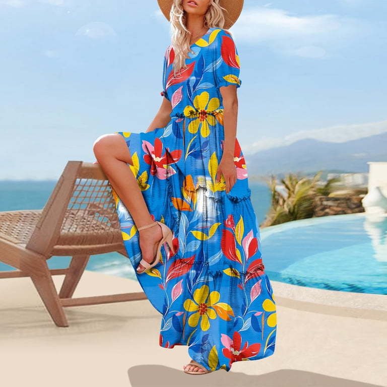 plus size beach dresses walmart Taqqpue Women's Summer Boho Floral Dress Crew Neck Short Sleeve Long Maxi Casual Vacation Sundress Elastic Waist Tiered Ruffle Hem A Line Cake Dresses Dark Gold