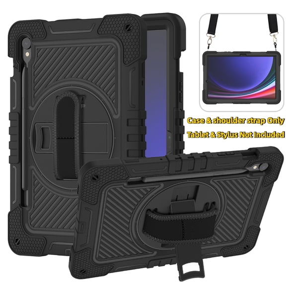 Case for Samsung Galaxy Tab S7 / S8 / S9 / S9 FE 5G / S10 FE / S10 Lite 11 Inch, Heavy Duty Shockproof Cover with 360° Rotating Stand, Hand Strap & Shoulder Strap, with side pen slot,Black/Red
