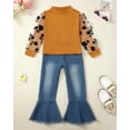 thumbnail image 2 of Kucnuzki 6T Little Girls Outfits Set 7T Girl Kids Child Winter Clothes Puff Long Sleeves Floral Knitted Top Flared Denim Pants Jeans 2PCS Warm Clothing Sets Brown 6-7 Years, 2 of 9