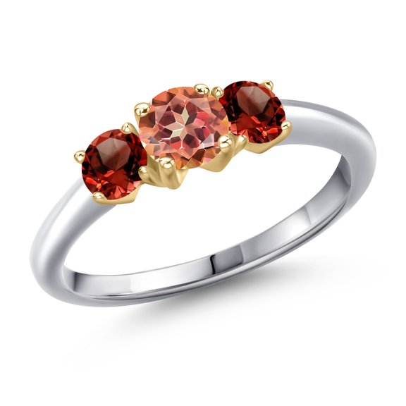 Gem Stone King 10K Two Tone Gold Ecstasy Mystic Topaz and Red Garnet Engagement Ring for Women | 1.74 Cttw | Round 5MM | Gemstone November Birthstone | Size 7