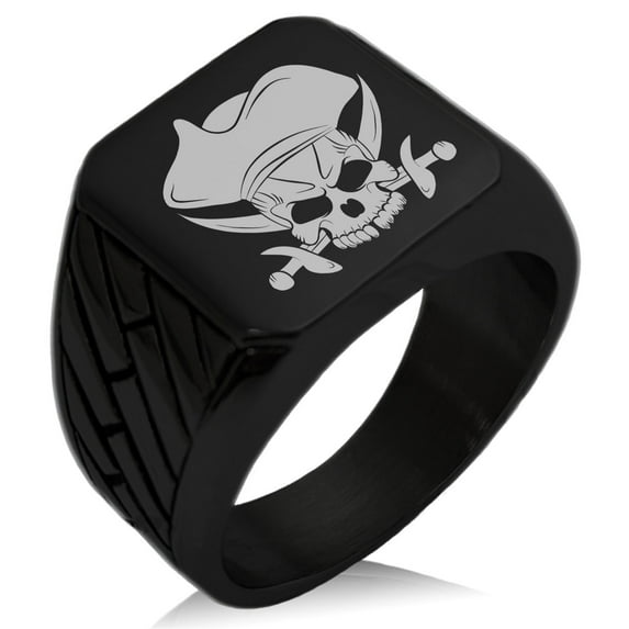 Stainless Steel Pirate Skull & Cross Swords Geometric Pattern Biker Style Polished Ring