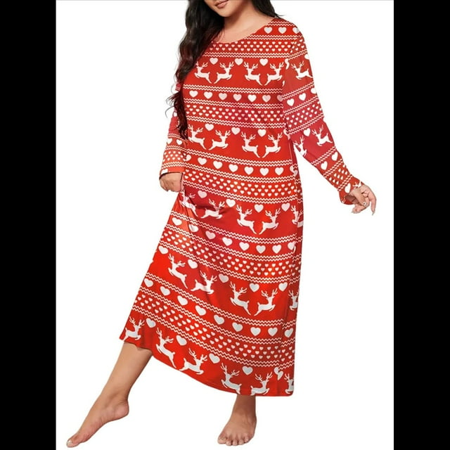 Camisón de Larga para Mujer, Estampado, Camiseta, Vestido de Dormir Alce - Rojo XXXL