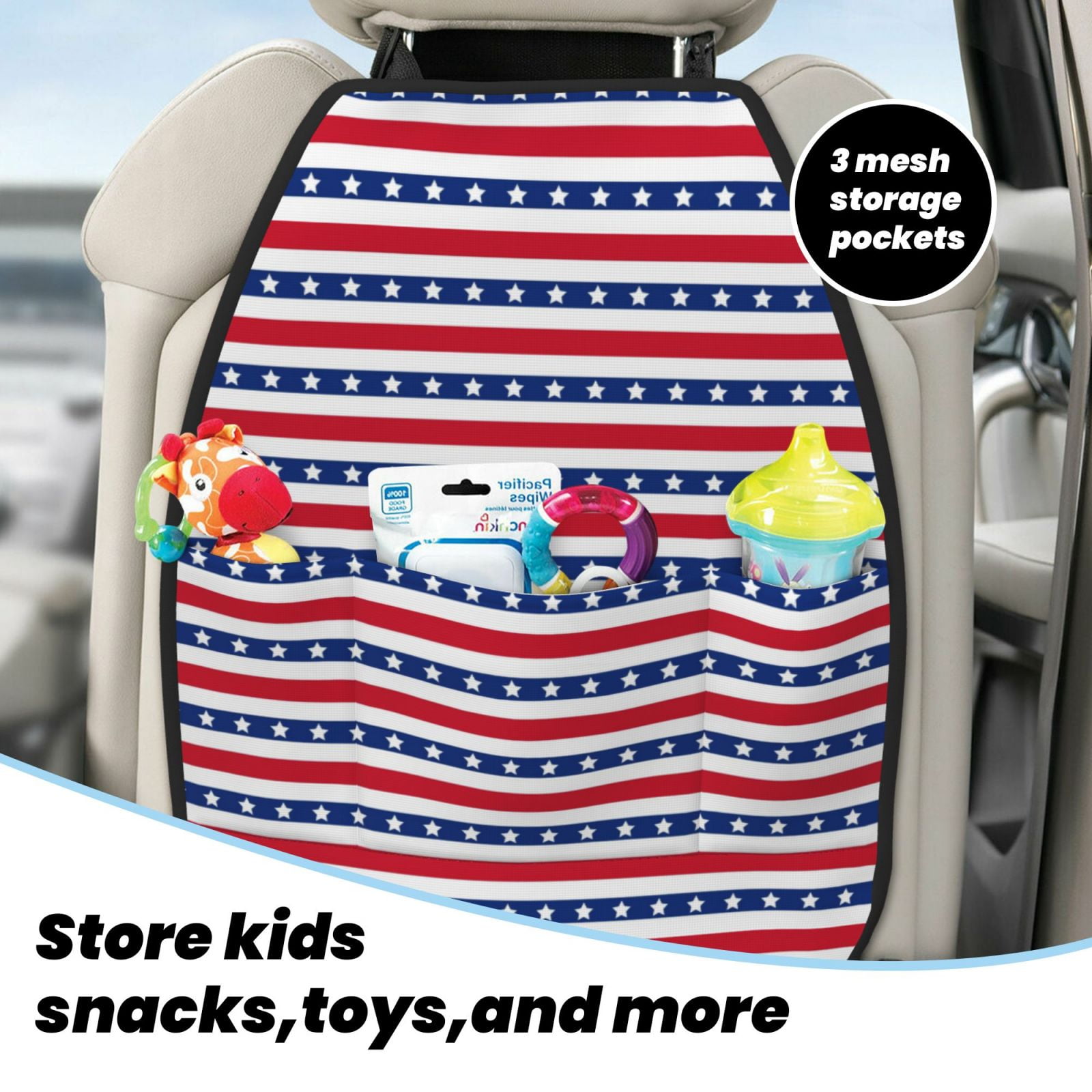 Kdxio Stars And Stripes Print 2 Pack Car Kick Mat Seat Cover Back Protector Mat with Pockets for Organizer Backseat Protector and Storage Anti Kick Pad for Vehicles