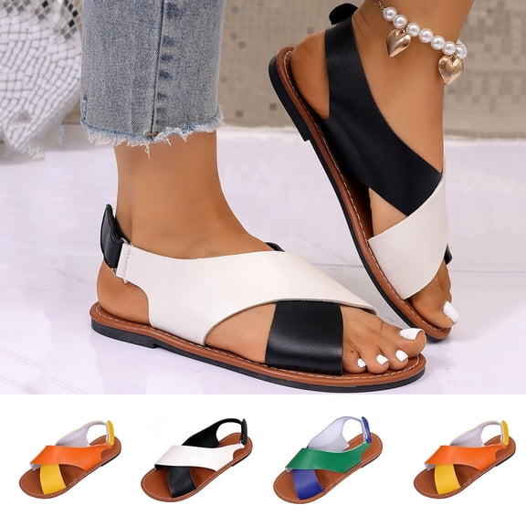 Miluxas Womens Color Block Flat Sandals Summer Leather Sandals Classic Soft Comfort Walking Sandals Yellow 9.5(43)