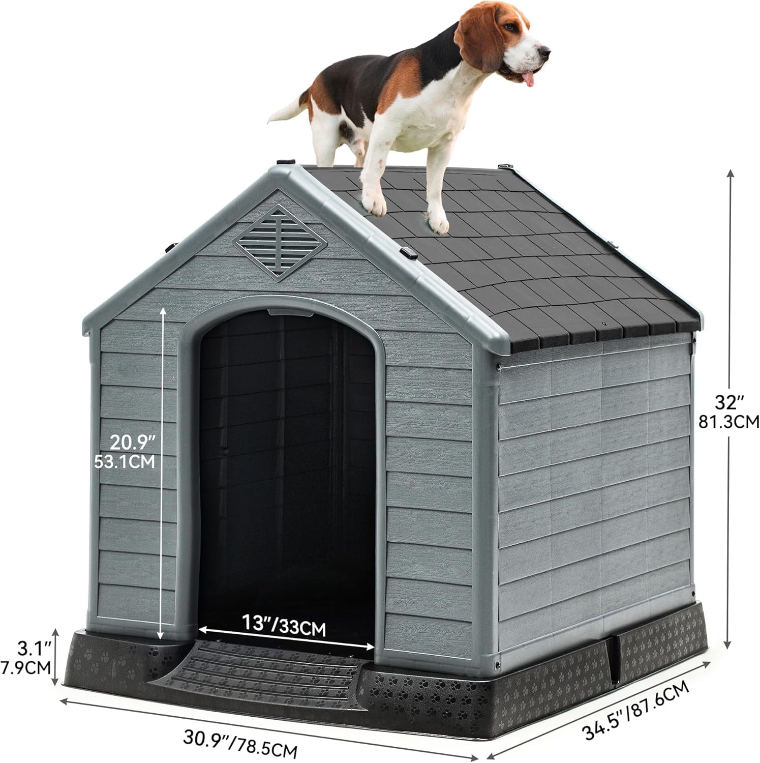 28.5'' Plastic Dog House Outdoor Indoor Doghouse Puppy Shelter Water Resistant Easy Assembly Sturdy Dog Kennel with Air Vents and Elevated Floor (28.5''L*26''W*28''H, Blue)