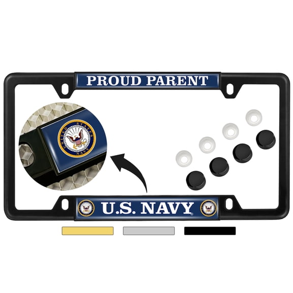 [Officially Licensed Product] - U.S. Navy Proud Parent with Eagle, Anchor Logo - Domed Custom-Made Personalized Narrow Thin Top 4 Hole Metal Car License Plate Frame & Free caps - Black Frame (Qty: 1)