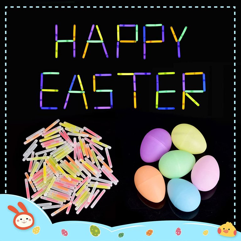 FUN LITTLE TOYS 72PCS Easter Basket Stuffers 24 Mini Glow Sticks Bulk &24  Glow Easter Bracelet with 24 Colors Plastic Easter Eggs for Kids, Glow in