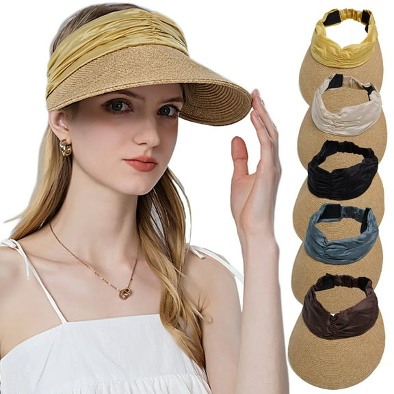 Women's Sun Visor Hat Packable Straw Floppy Wide Brim Ponytail Hat for Summer Beach Travel Golf Garden