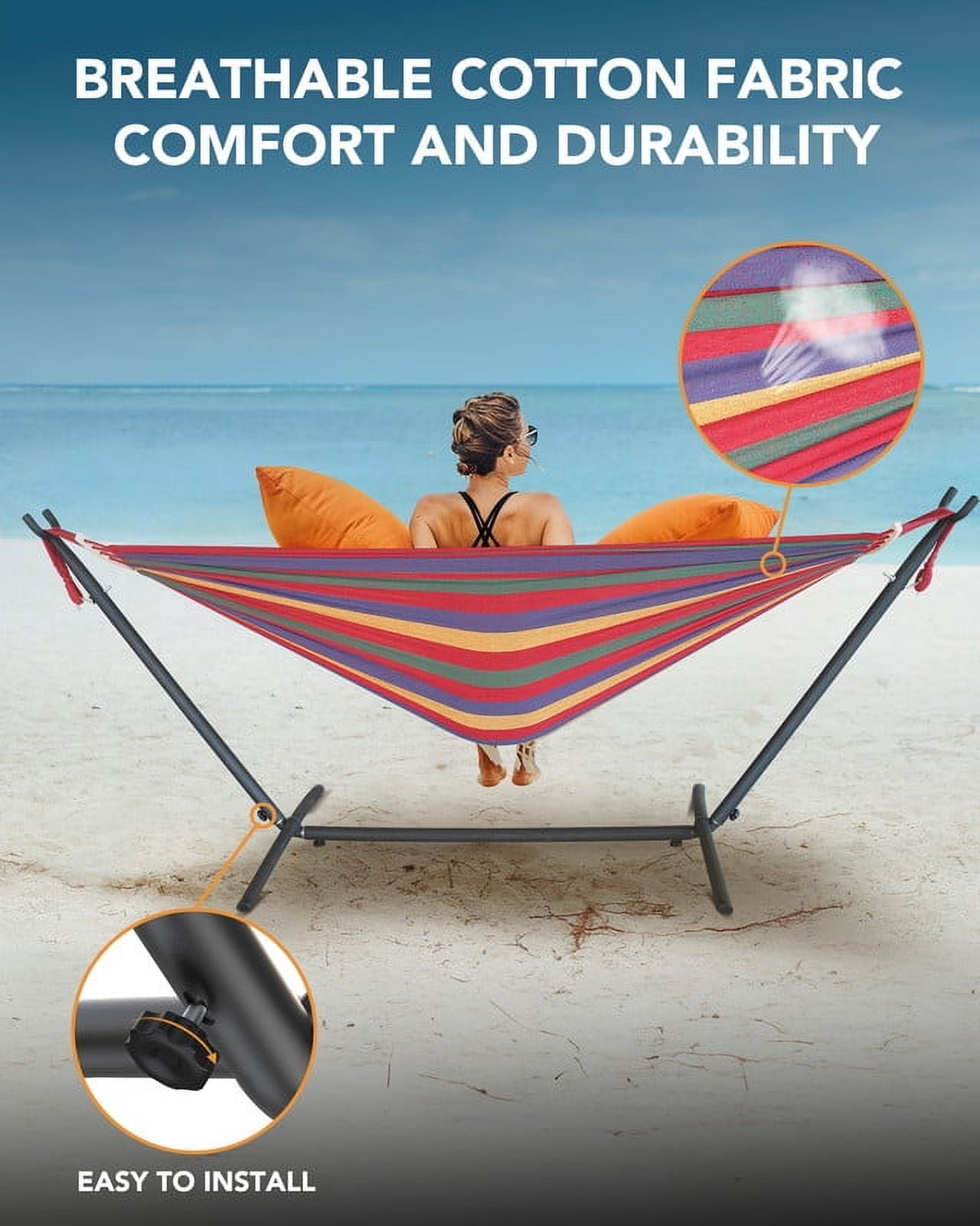 GYROOR Comfortable double hammock with adjustable stand, 600 lbs capacity with storage bag for camping, outdoor/indoor patio backyard portable hammock