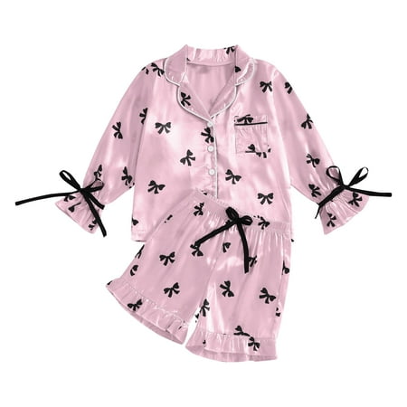 Satin Pajamas for Girls Girls Bow Pajamas Button Down Nightgown and Pants 2 Piece Long Sleeve Girls Pajama Set Matching Pajamas for Kids 8-9 Years