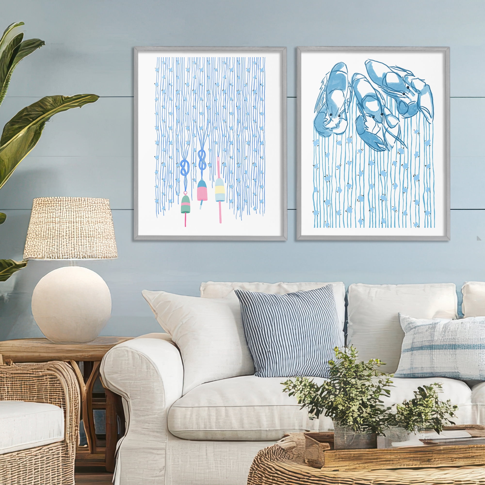 Stupell Industries Nautical Buoys & Lobsters 2 Piece Gray Framed Giclee Art Set, design by Melissa Tilley