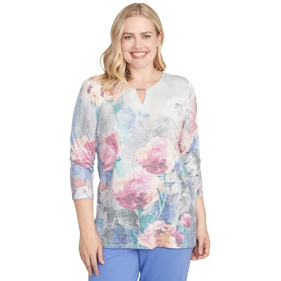 Alfred Dunner Womens Floral Brushstroke Beaded Split Neck Top