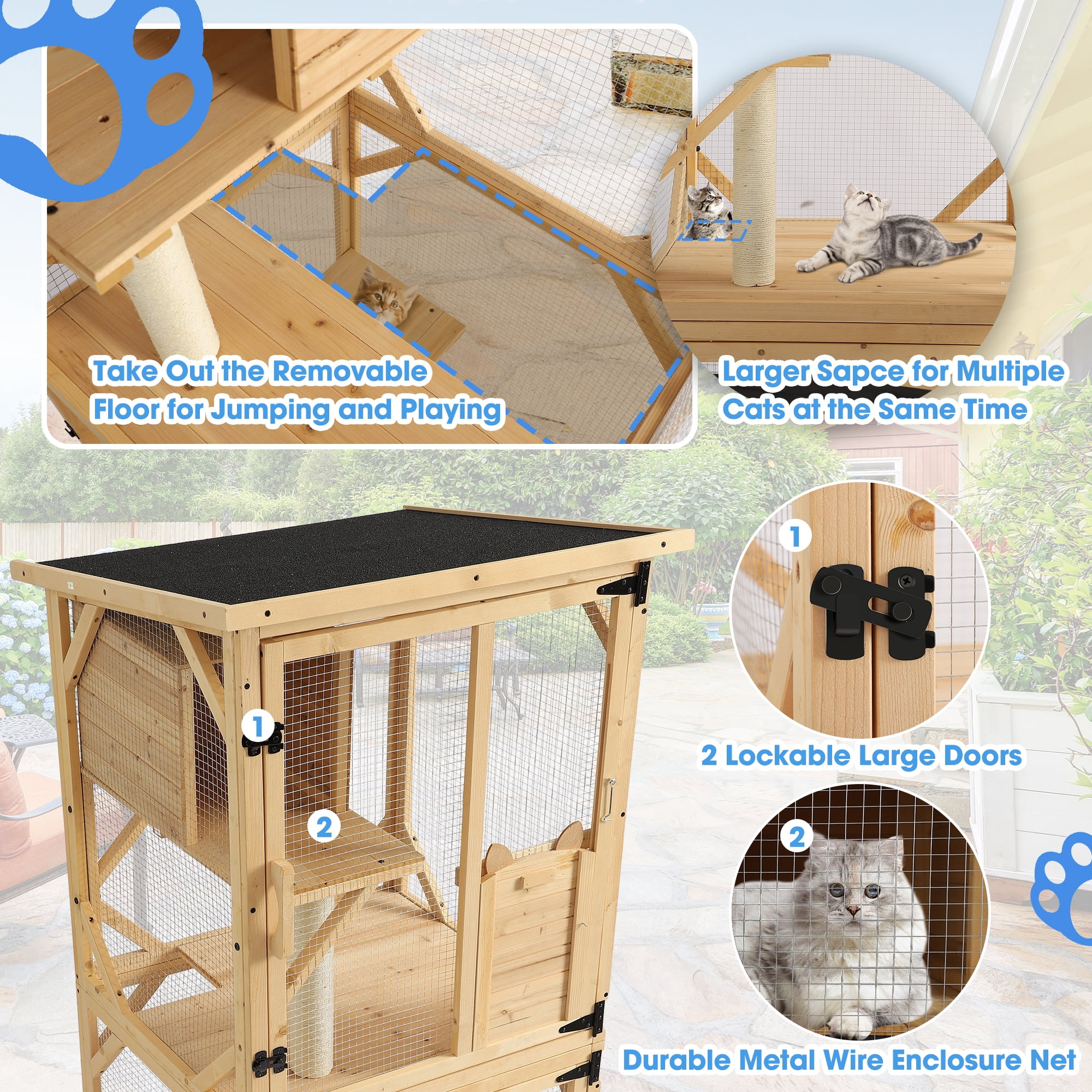 Haverchair Catio Outdoor Cat Enclosure with Scratcher - 4-Tier Large Indoor Wooden Window Catio Cat House W/Asphalt Waterproof Roof, Wheels, Resting Box, Platforms, Cat Toys Ball, Pet Cage Playpen
