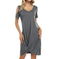 thumbnail image 4 of Women's Twist Knot T Shirt Dress Casual V Neck Cold Shoulder Knee Length Tunic Dresses, 4 of 7