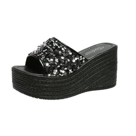 

Summer Wedge Slippers for Women Open Toe Sequins High Heel Wedges Platform Shoes