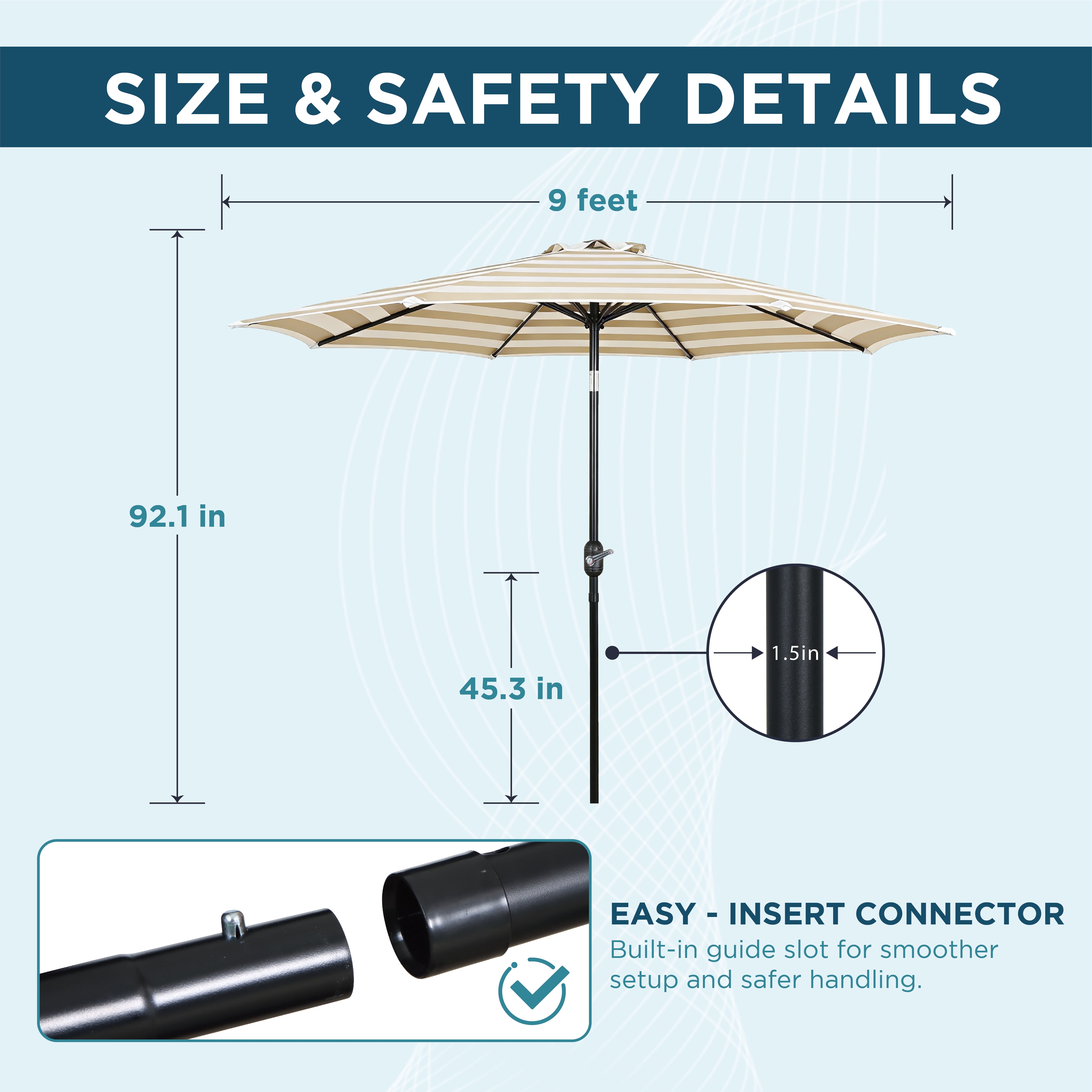 9FT Outdoor Patio Umbrella Beige White Stripe with Crank Lift and Tilt Decorative Striped Canopy UV Blocking Water Repellent for Backyard Garden