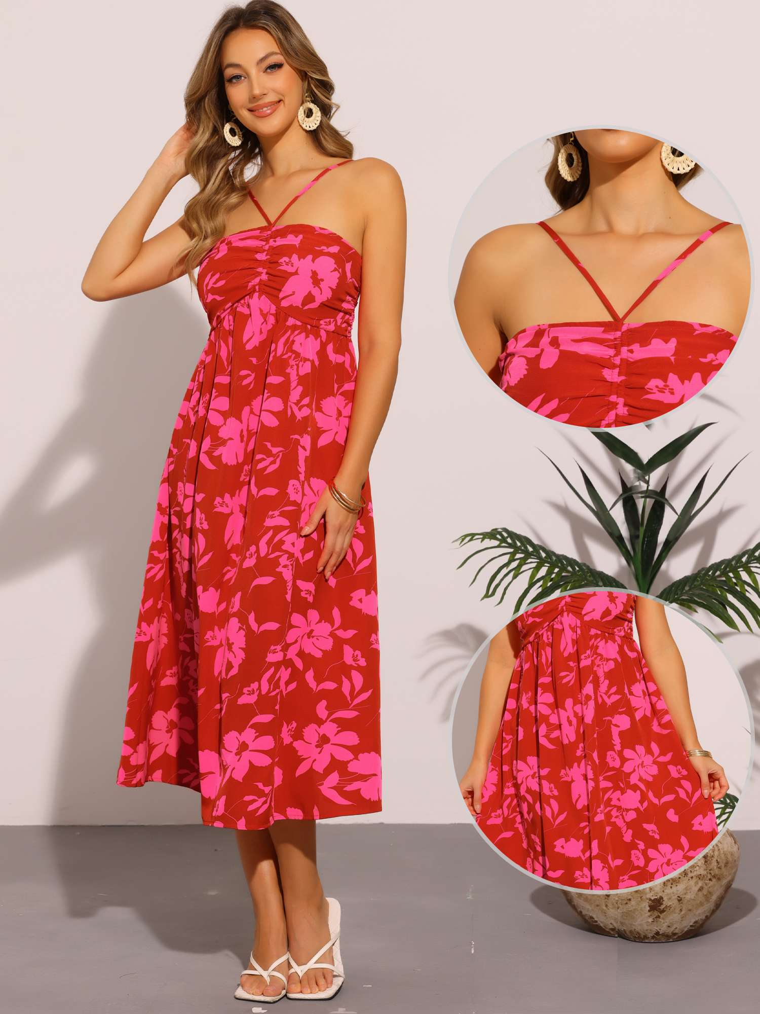 DARING DIVA Floral Easter Sleeveless Crisscross Straps Midi Dress XS Red