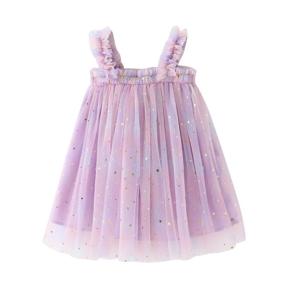 PMVFHDE Girls Floral Print Dress Toddler Girls Sleeveless Star Moon Dress Dance Party Dresses Clothes,Purple,4-5 Years