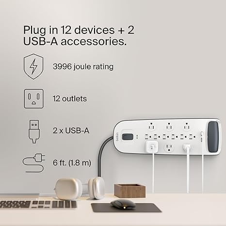 Belkin BV112050-06 12-Outlet Surge Protector with USB Charging, 6 ft. cord, 1 Pack