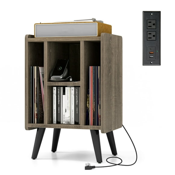 Gymax Record Player Stand w/ 4 Storage Compartments Supporting Legs Charging Station Grey Oak
