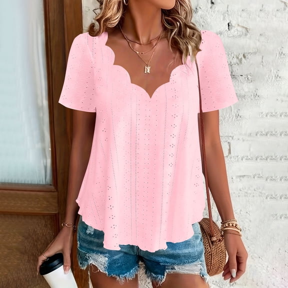 ClodeEU Women's Crochet Trim V Neck Short Sleeve Top ,Breathable Casual Blouse Pink,Womens Plus XXL