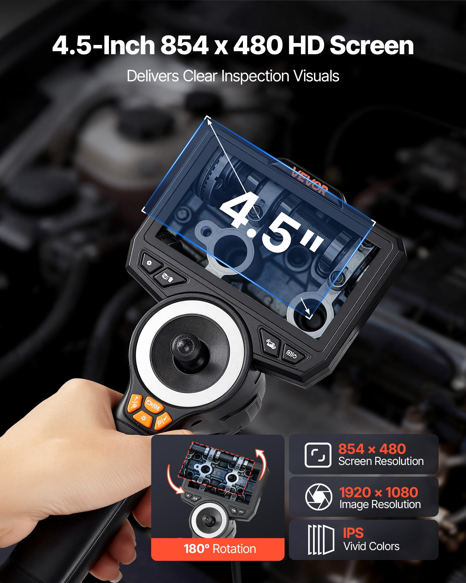 VEVOR 4-Way Articulating Endoscope with Light, True 1080P HD Industrial Borescope Inspection Camera with 0.24-inch Slim Articulated Probe, Flexible Snake Scope Cam