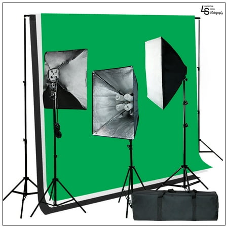 Single Softbox Kit - 2400W Complete Softbox Lighting Kit with 6 x 9' Black, Green, White Muslins on Backdrop Support System by Loadstone Studio WMLS0346
