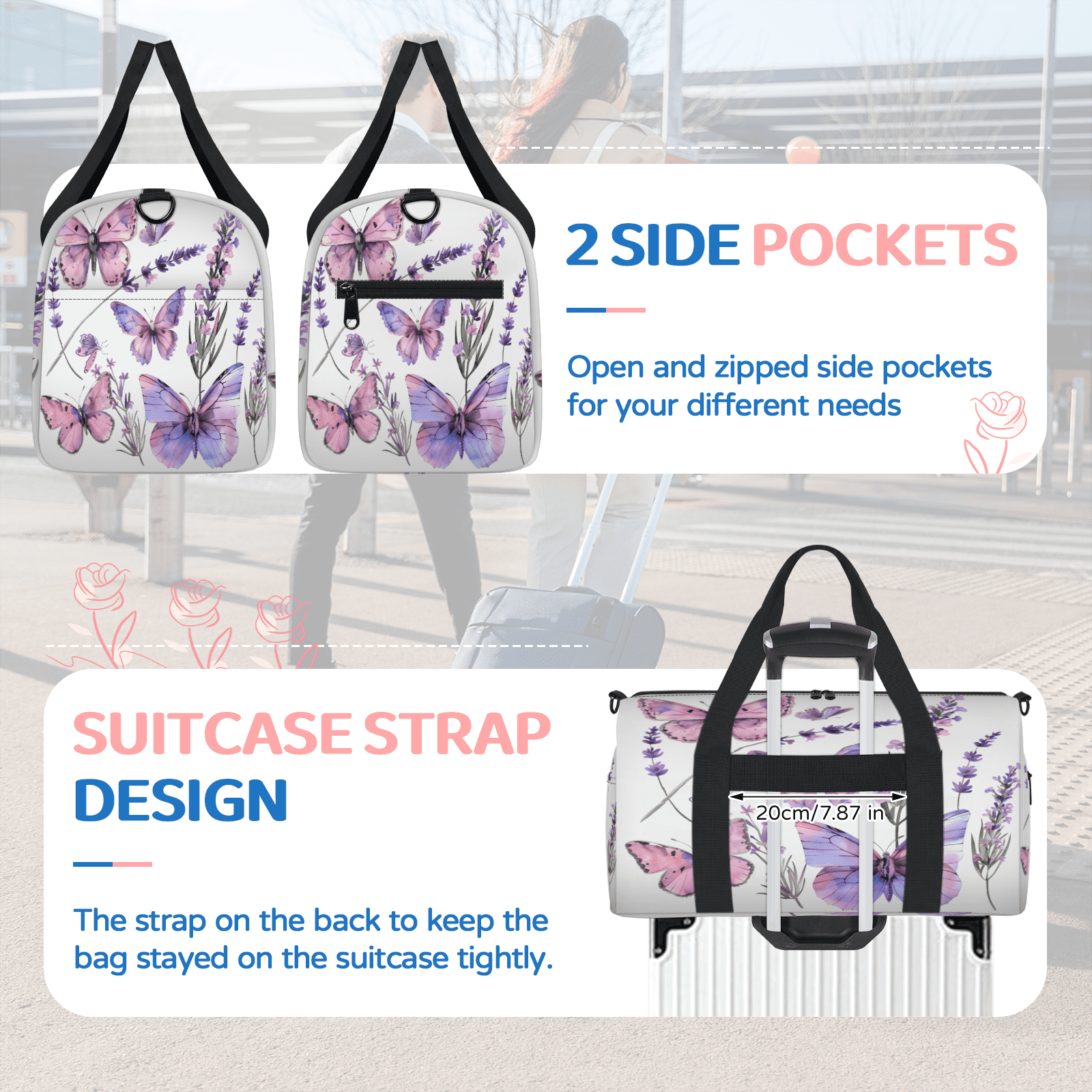 Herdesigns Butterfly Lavender Travel Duffle Bag Sports Yoga Weekender Overnight Carry on Workout Bags Lightweight Waterproof Gym Tote Bag for Women