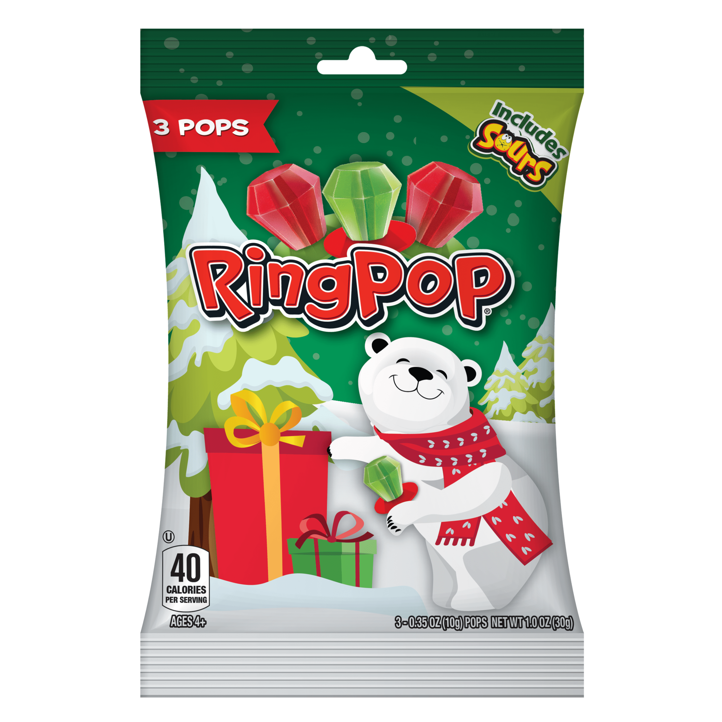 (3 pack) Ring Pop, Holiday Lollipops, Sour Cherry, Watermelon, and Cherry Flavored , Sucker Candy, 1.0 oz, Bag