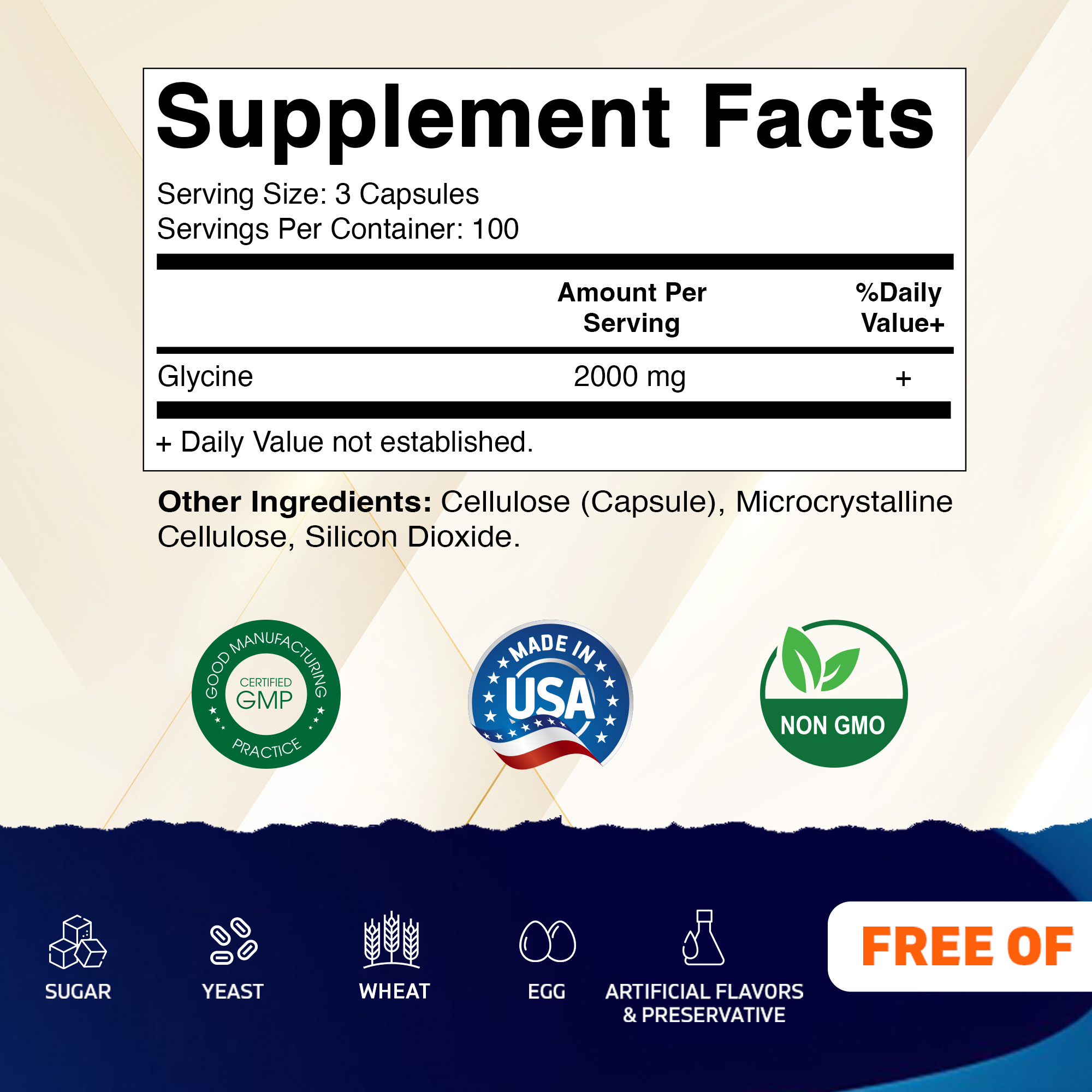 Vitamatic Glycine Supplement, 2000mg Per Serving- 300 Veg Capsules Non-GMO, Gluten Free