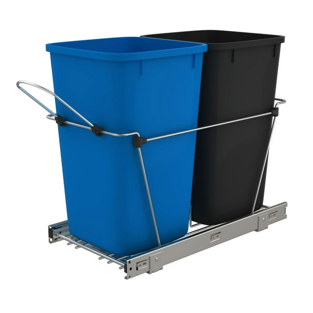 Rev-A-Shelf Double 27 Quart Sliding Pull Out Waste Containers, Blue/Black