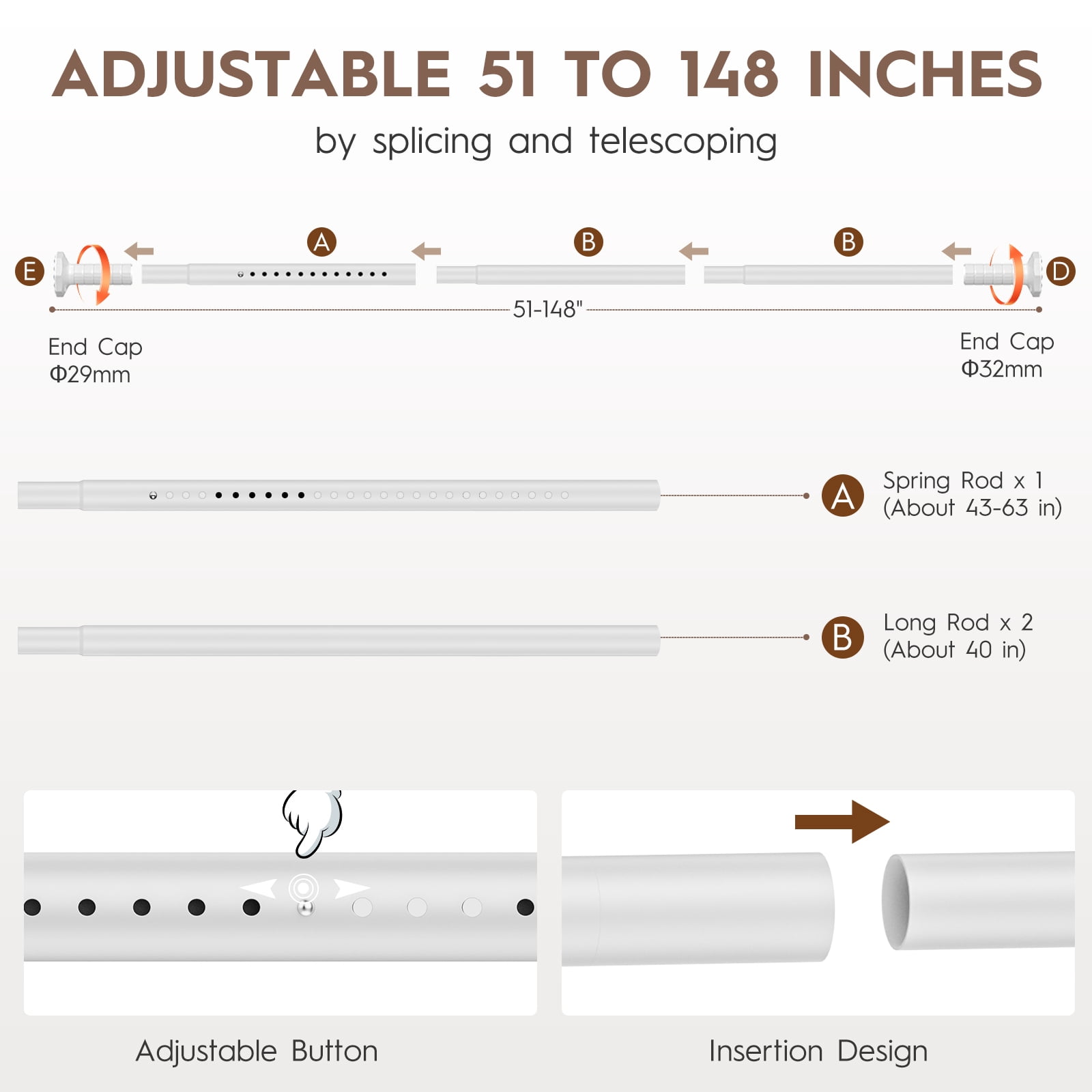 GIRACOA Octagon Tension Curtain Rod 51-148 Inches, Heavy Duty No Drill Adjustable Rod with 12 White Rings, Matte White