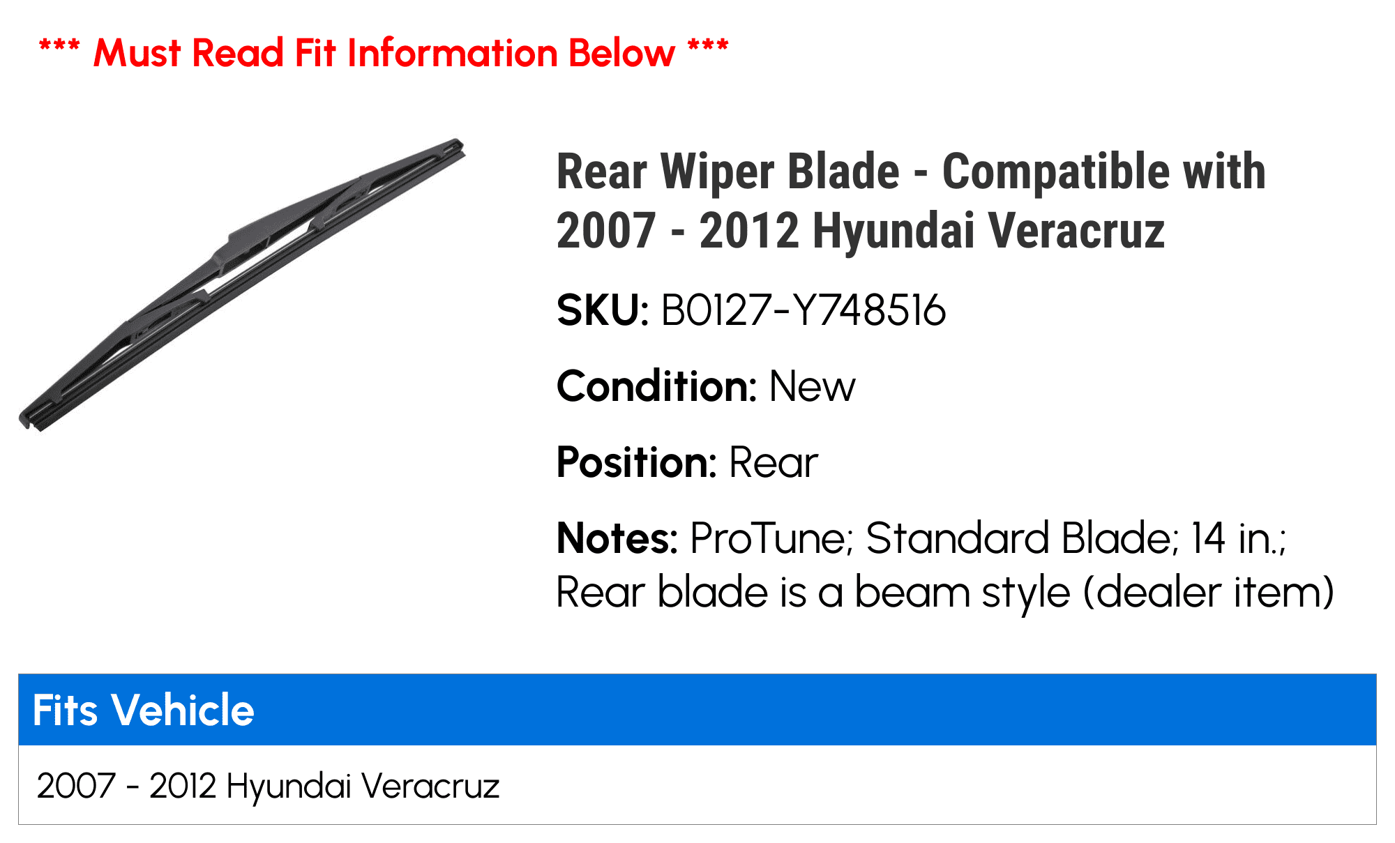 Rear Wiper Blade For 2007-2012 Hyundai Veracruz 2010 2008 2009 2011 Q254GV 