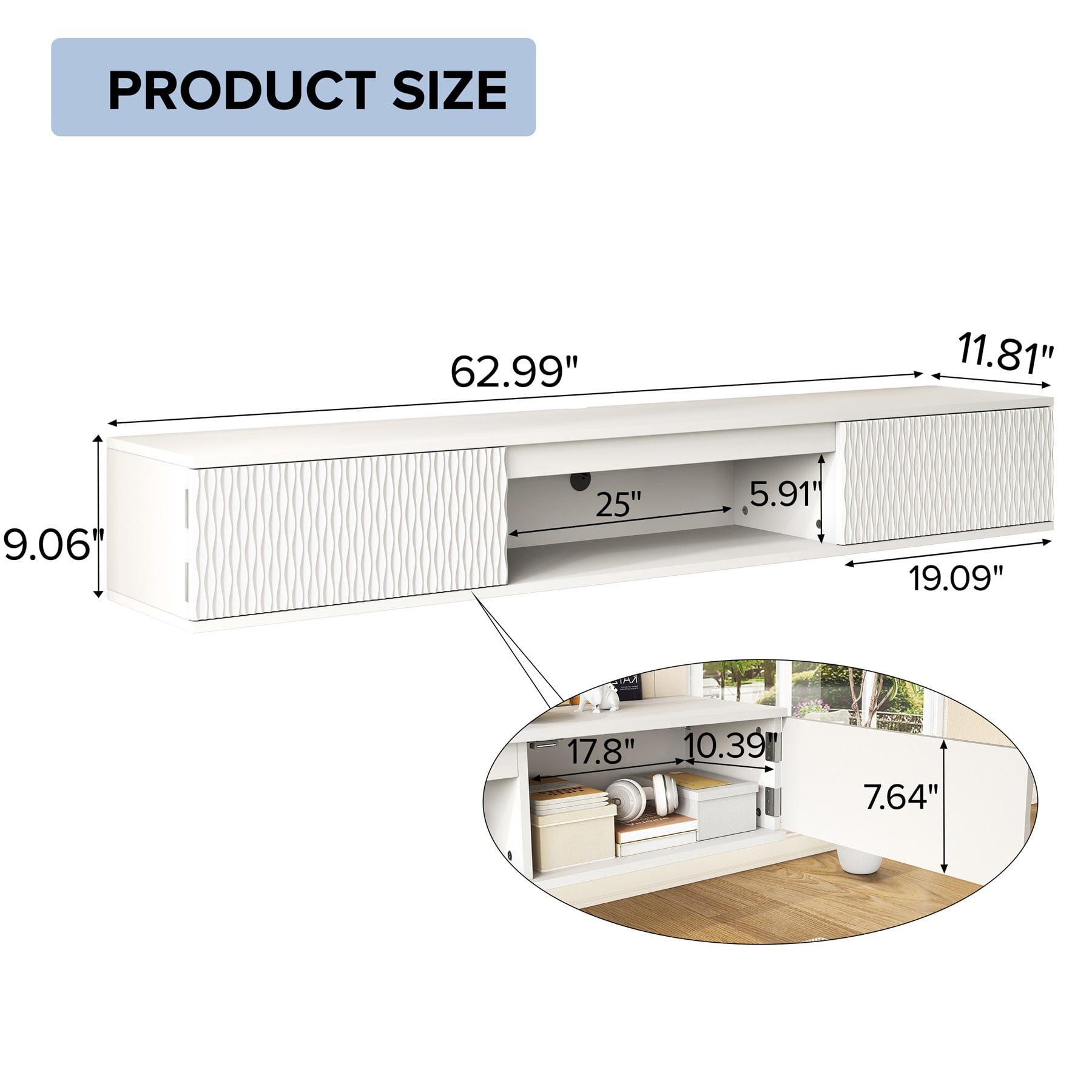 Hommoo Modern LED TV Stand, Rhombus Carved Surface Wall-Mounted TV Cabinet with Double Doors &Open Shelf, Entertainment Center with Storage, White