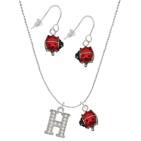 Delight Jewelry Silvertone Crystal Initial – H – Red Lucky Ladybug Necklace and Dangle Earrings Set