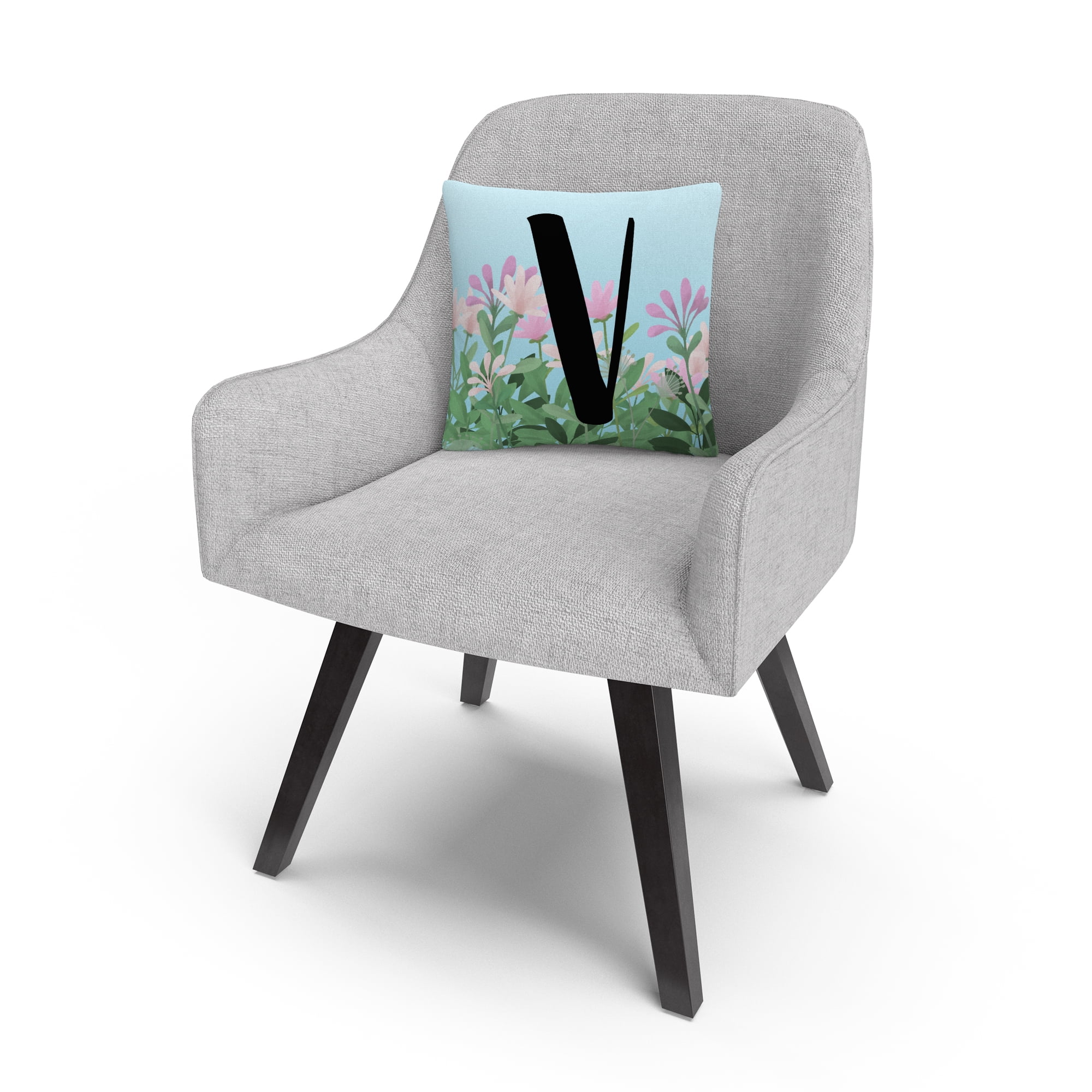 Pink Floral Garden Letter Illustration V By Abc 16 X 16 Decorative Throw Pillow