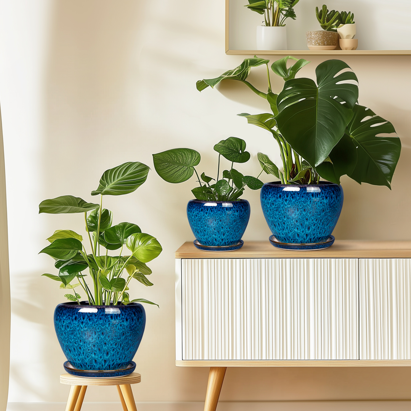 Ordivic 6in Blue Ceramic Planter Pot with Drainage Saucer photo 8
