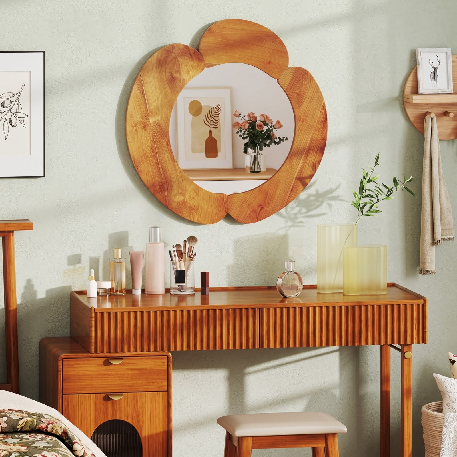 ALPULON 29 Inch Round Rustic Hanging Vanity Mirror with Solid Teak Wood Frame, Waterproof Wall Mounted Bathroom Decor Mirror for Entryway Bedroom, Natural Brown