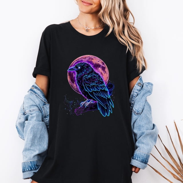 Neon Raven Moon Shirt, Gothic Crow Art Tee, Mystical Bird Design, Cosmic Full Moon Print, - As Picture - S