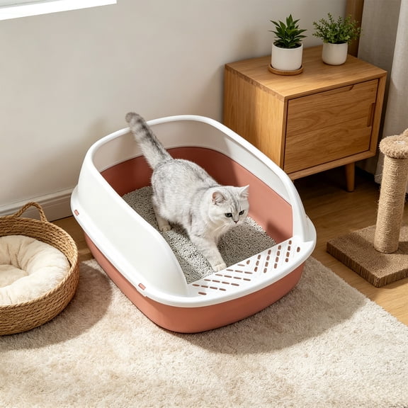 Semi-Enclosed Anti-Splash Cat Litter Box with Sifting Scoop, Stain-Resistant High Wall Litter Pan for Kittens and Shy Cats, 15.35 x 12.60 x 6.69 inch