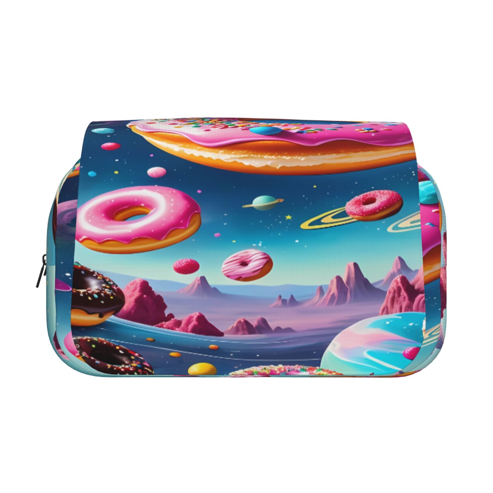 Rateoe Starry Sky Colorful Donut Pattern Double Clamshell Pen Case, Storage Organizer with Two Zipper Compartments– Holds Up to 50 Pencils & Pens