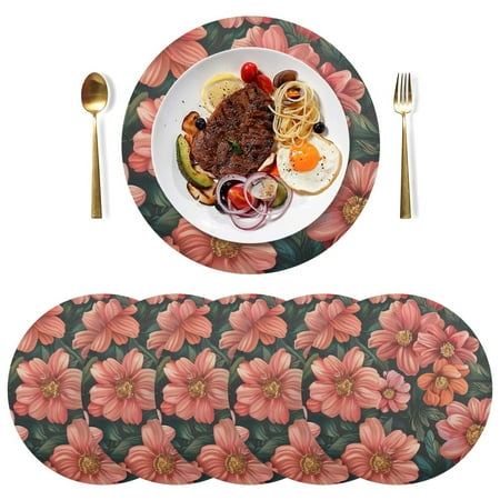 

joogoo Ethnic Flowers Blooming Round Plate Mats for Dining Table Placemat Set of 6 Holiday Decoration