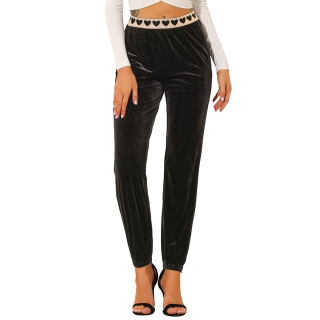 Pantalones Largos de Terciopelo Allegra K Con Corazones para Mujer Negro XL