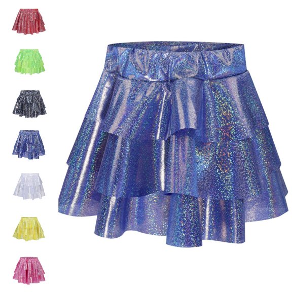 Bmisegm Back to School Outfits for Girls High Waist Elastic Metallic Tiered Ruffle Skirt for Party and Christmas Performance Girls Skirt 4-5 Years