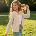 thumbnail image 5 of Khaki Girls Button Front Cardigan Sweater Size 8-9 Years, Long Sleeve Crew Neck Knit Jacket for School Uniform, Casual Layering Fall Spring Everyday Wear, 5 of 9