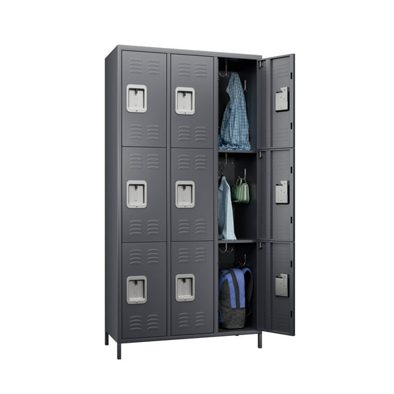 JAORD 72" Metal Lockers for Employees, Steel Storage Locker Cabinet with 18 Hooks&9 Doors for School Office Gym Bedroom, Assembly Required (9 Door-Dark Grey)